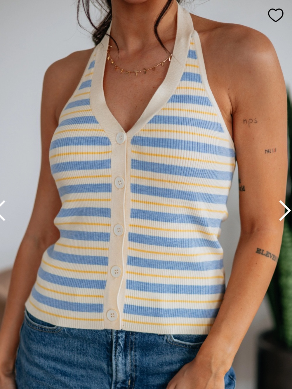 Striped Button-Front Halter Knit Top in Pastel Yellow & Blue NWT - Picture 2 of 3
